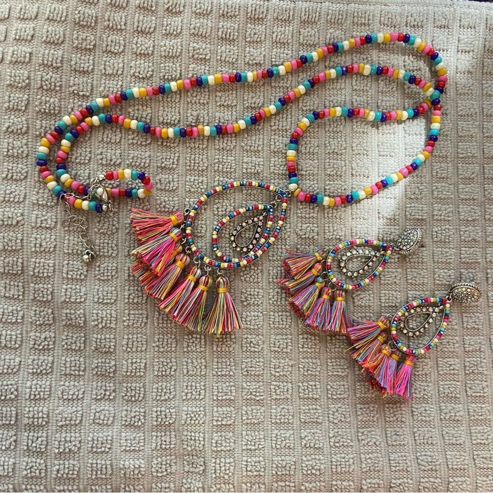 Casting Seed Bead Teardrop Tassel Post Earrings and matching Necklace